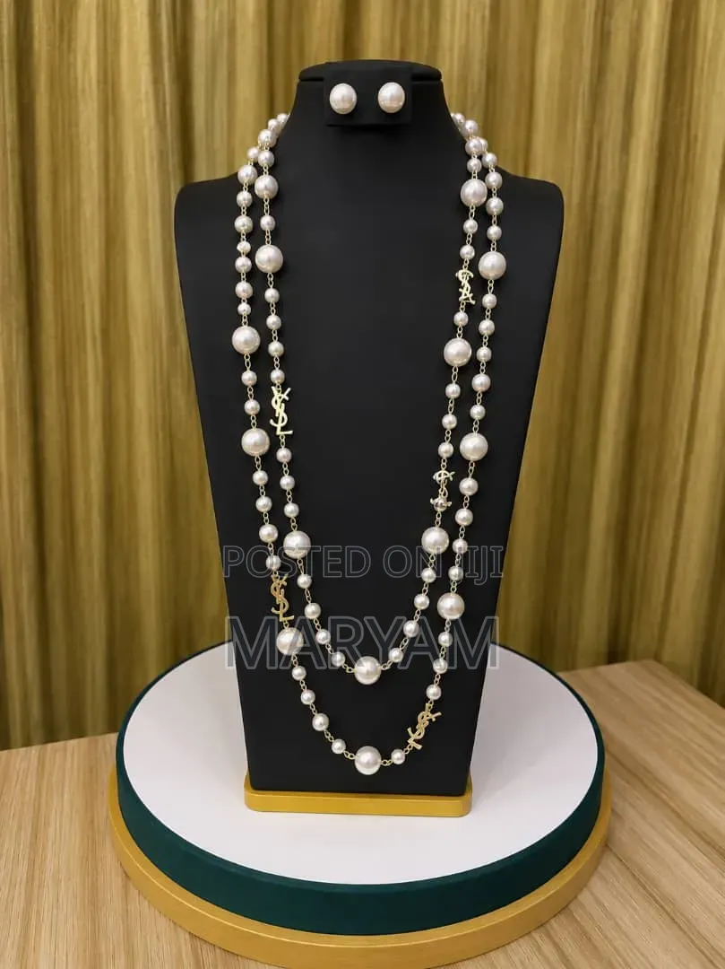 Layered Faux Pearl Long Chain Necklace Stud Earrings