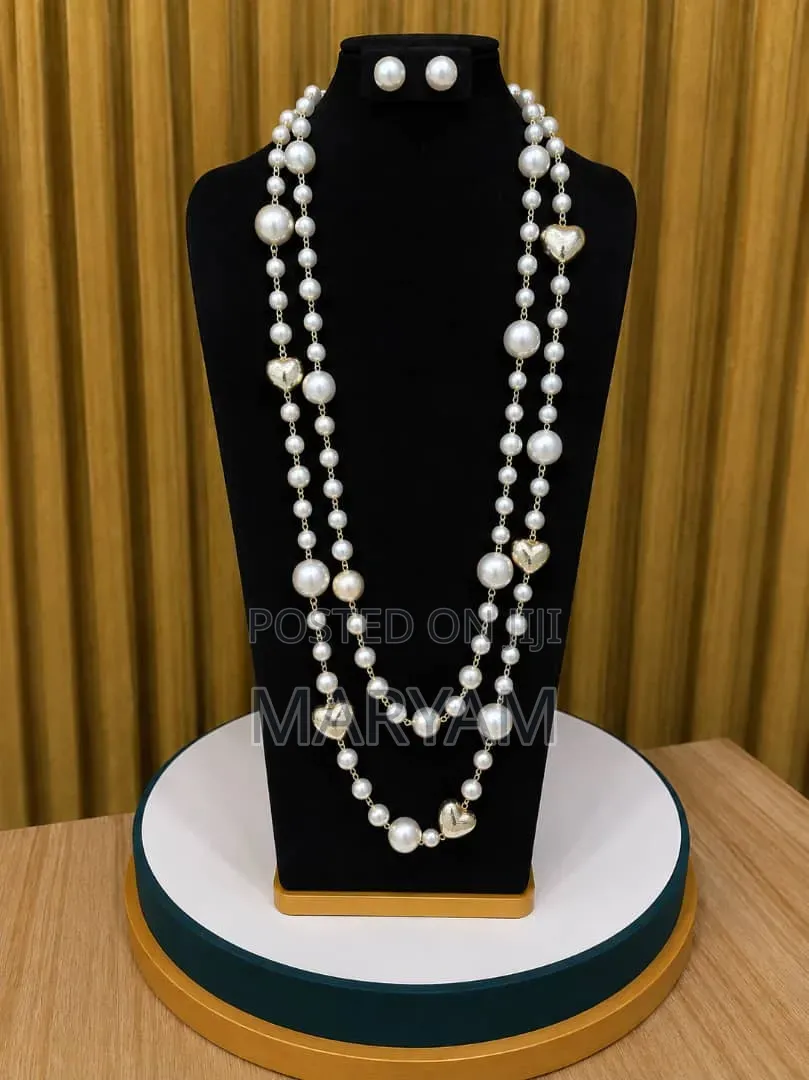 Layered Faux Pearl Long Chain Necklace Stud Earrings