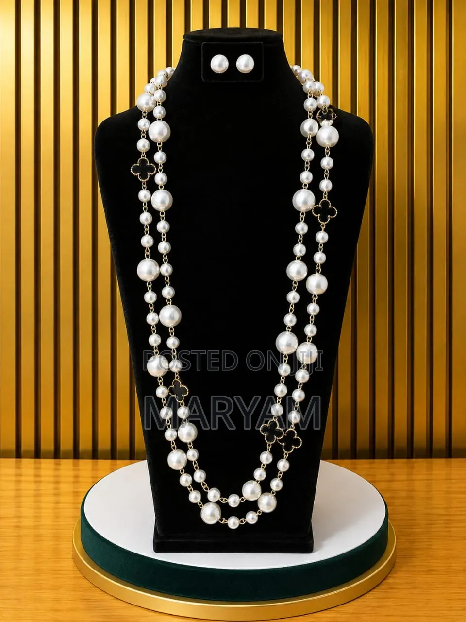 Layered Faux Pearl Long Chain Necklace Stud Earrings