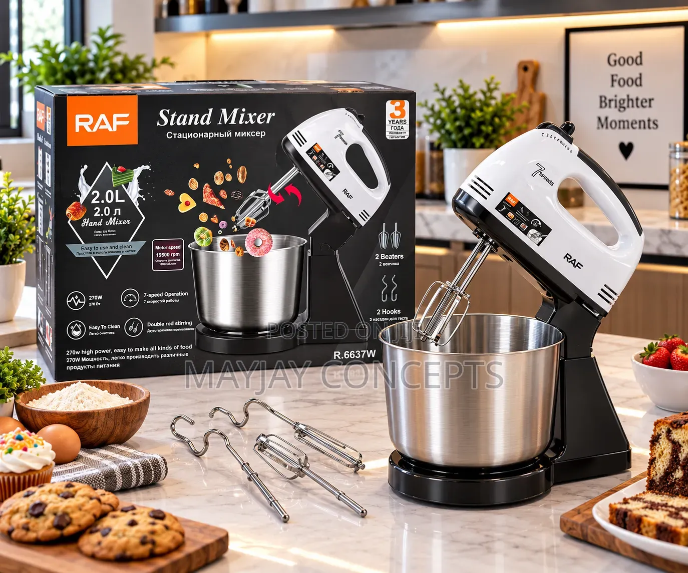 RAF 2L 270W Stand Mixer 7 Speed With Beaters and Dough Hook–R.6637W