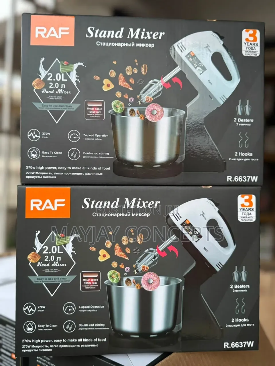 RAF 2L 270W Stand Mixer 7 Speed With Beaters and Dough Hook–R.6637W