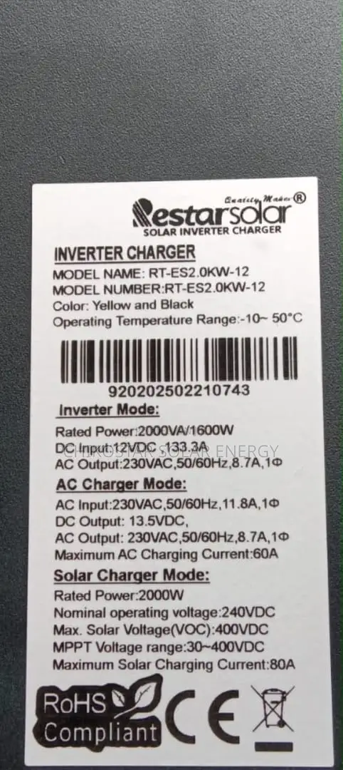Restar Solar 2KVA / 1600W Inverter Charger (12V)