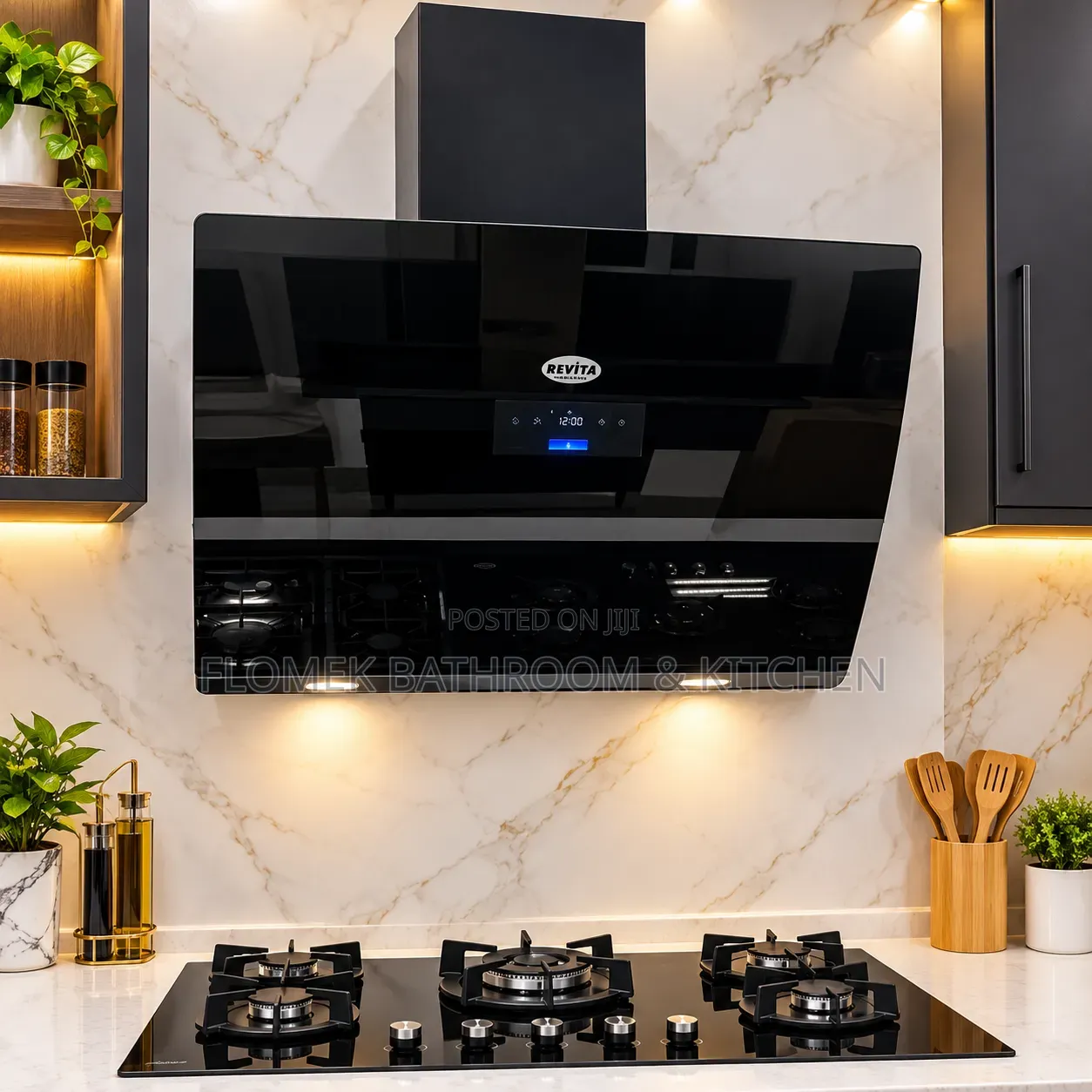 REVITA Luxury Kitchen Hood + 5-Burner Gas Hob | Modern Black Cooker.