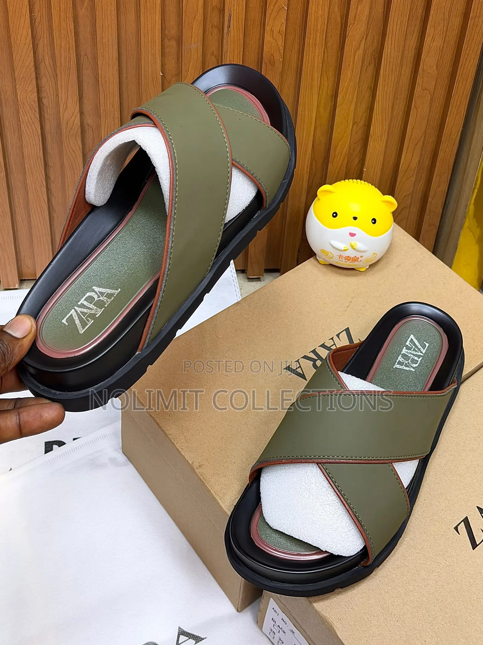 Olive Green Leather Criss-Cross Strap Zara Slides