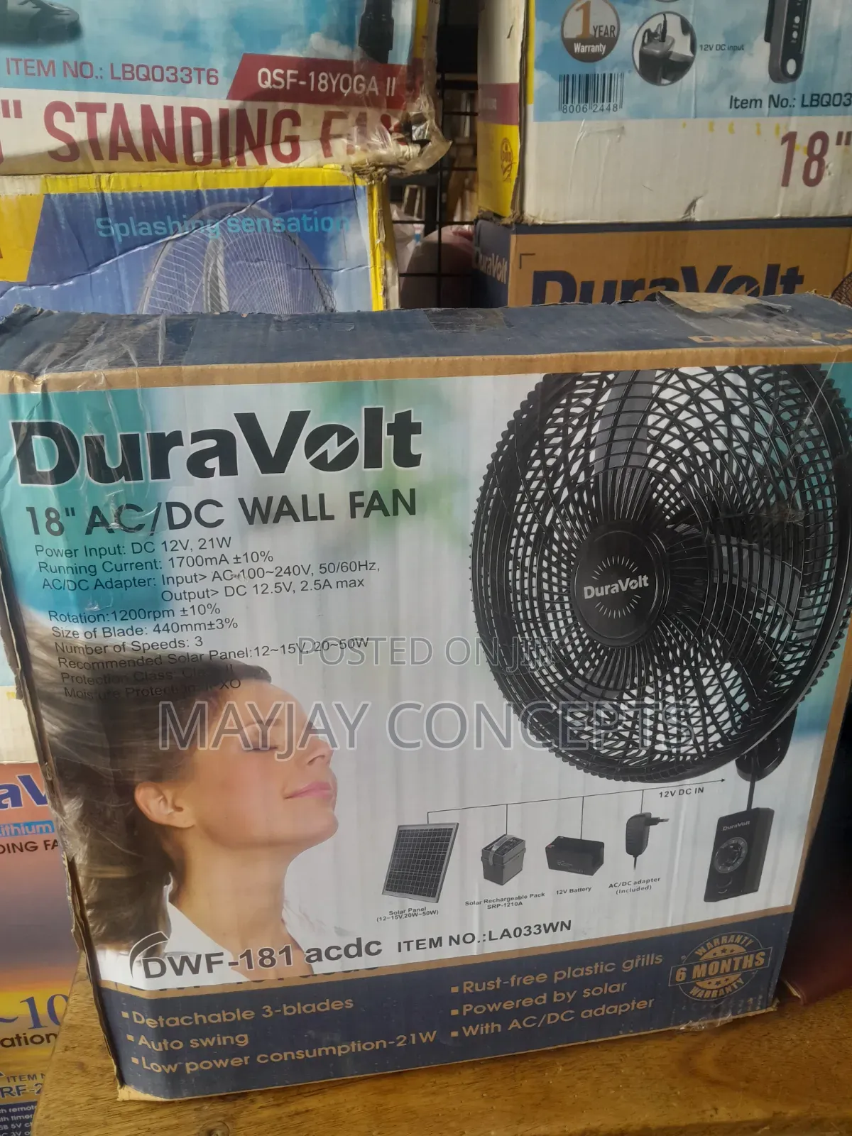 DURAVOLT AC/DC 18" Solar Wall Fan–Auto Swing Solar Support 21W–dwf-181