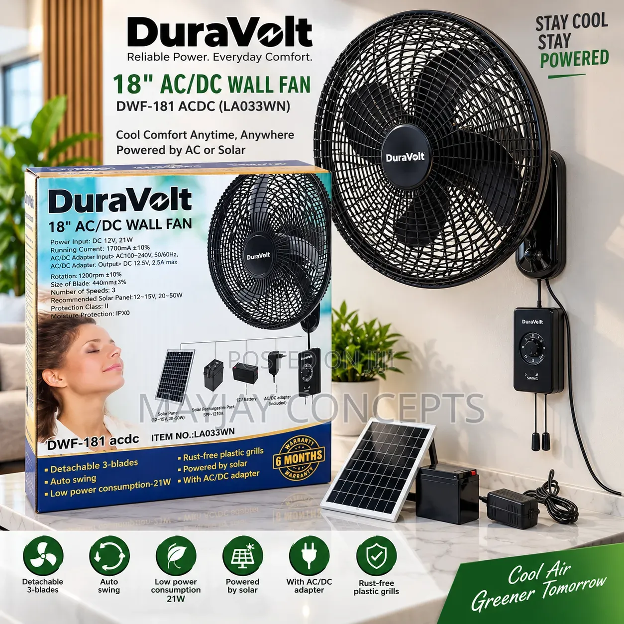 DURAVOLT AC/DC 18" Solar Wall Fan–Auto Swing Solar Support 21W–dwf-181