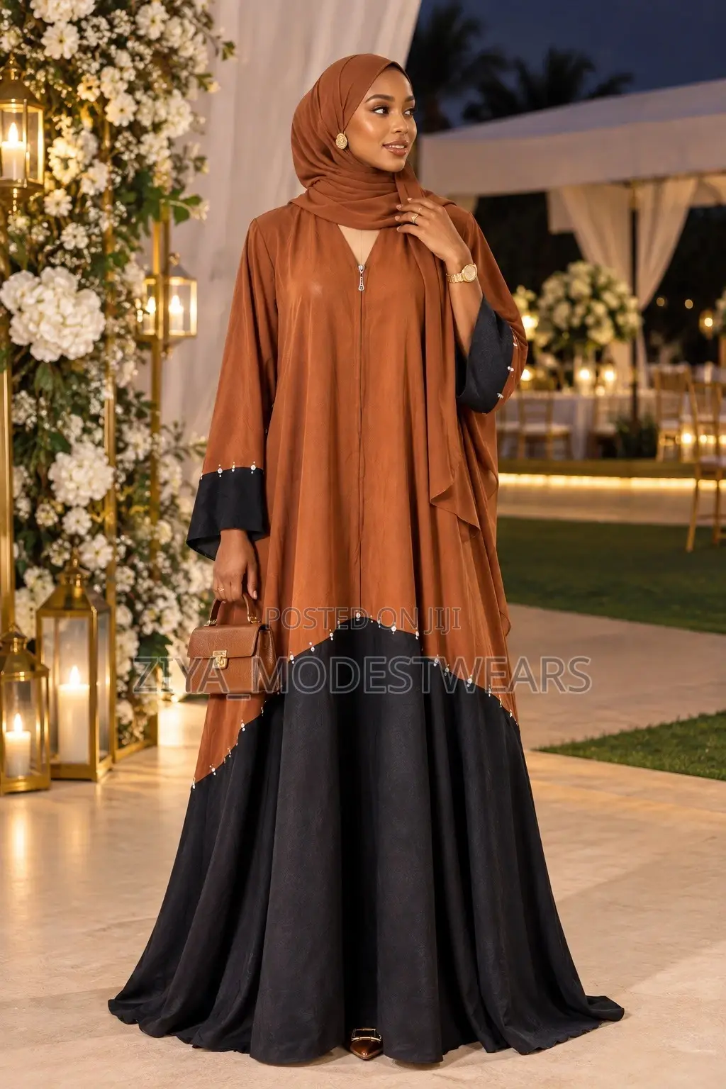 Burnt Orange Black Stone Abaya | Elegant Modest Wear