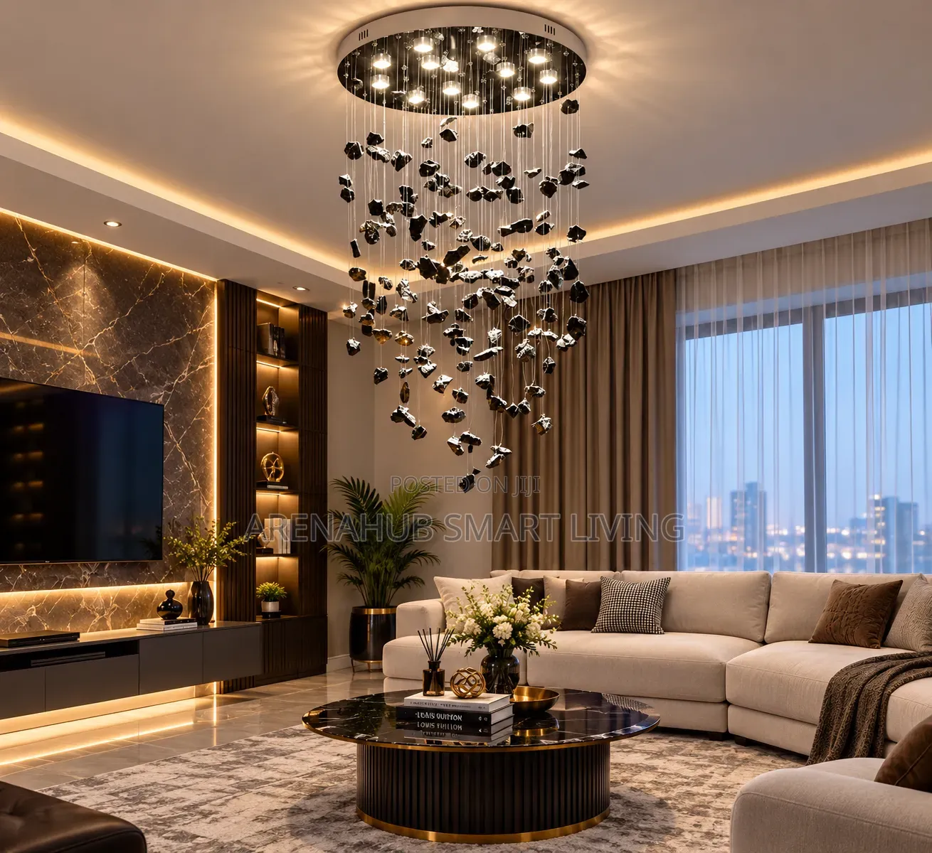 Black Art Luxury Stone Crystal Chandelier for Staircase Hallway Lobby