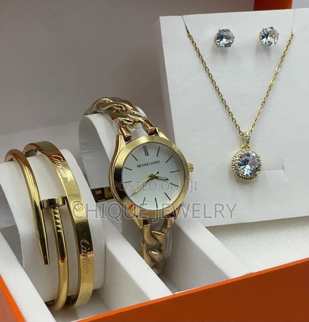 Gold Wristwatch Bracelet and Necklace Set