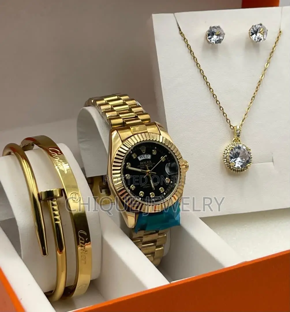 Gold Wristwatch Bracelet and Necklace Set