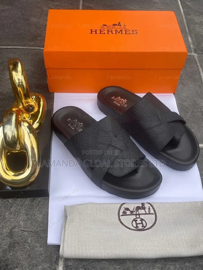 Hermès Textured Cross-Strap Sandals in Black