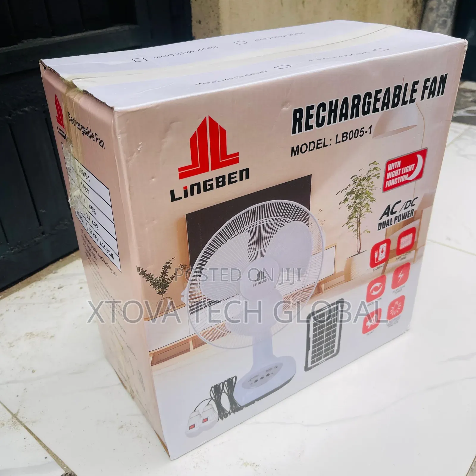Lingben 12” Rechargeable AC/DC Table Fan With Night Light