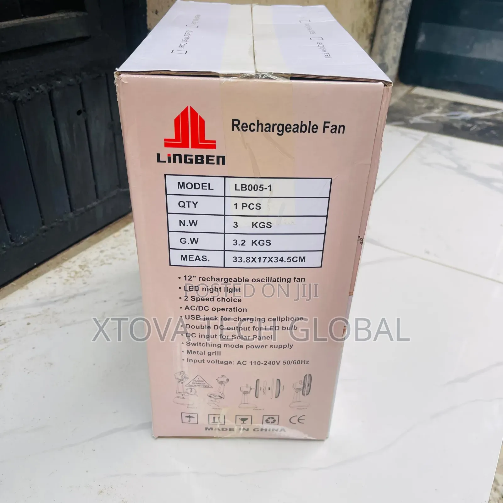 Lingben 12” Rechargeable AC/DC Table Fan With Night Light