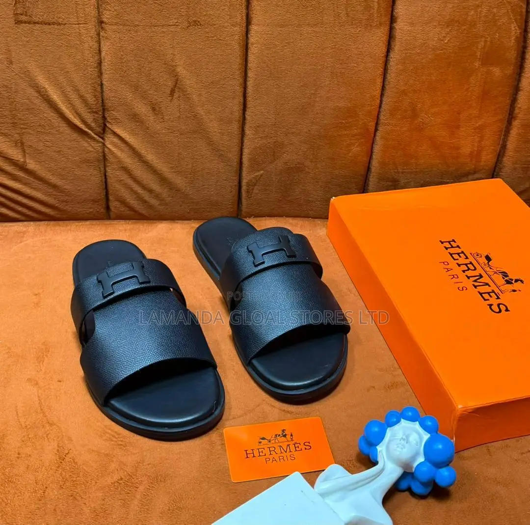 Hermès Double-Band Pebble-Leather Sandals in Black