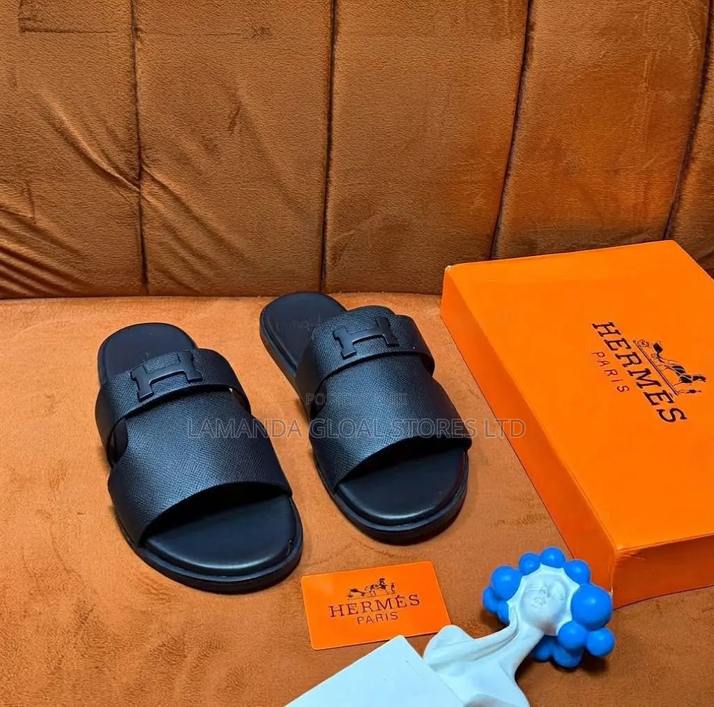 Hermès Double-Band Pebble-Leather Sandals in Black
