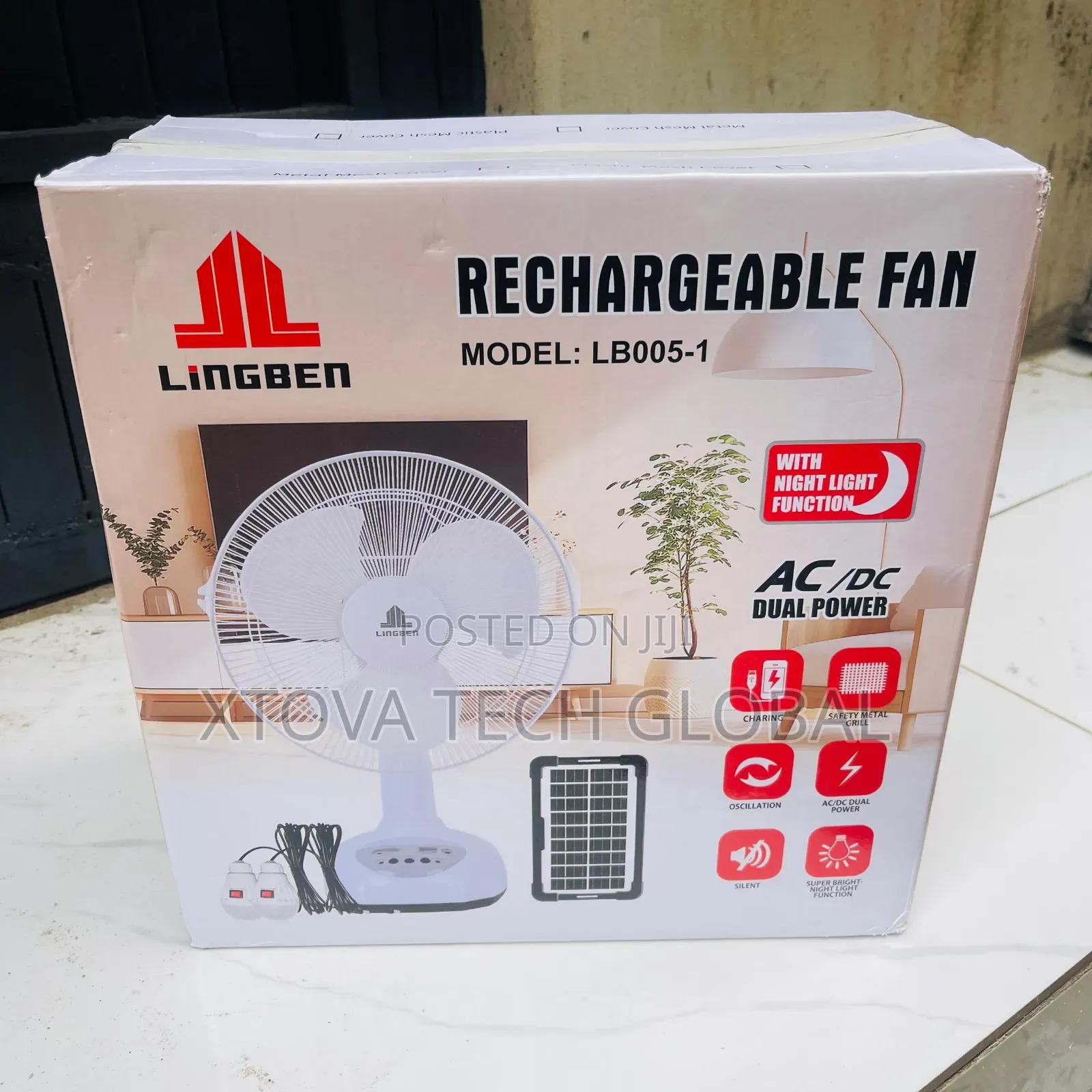 Lingben 12” Rechargeable AC/DC Table Fan With Night Light