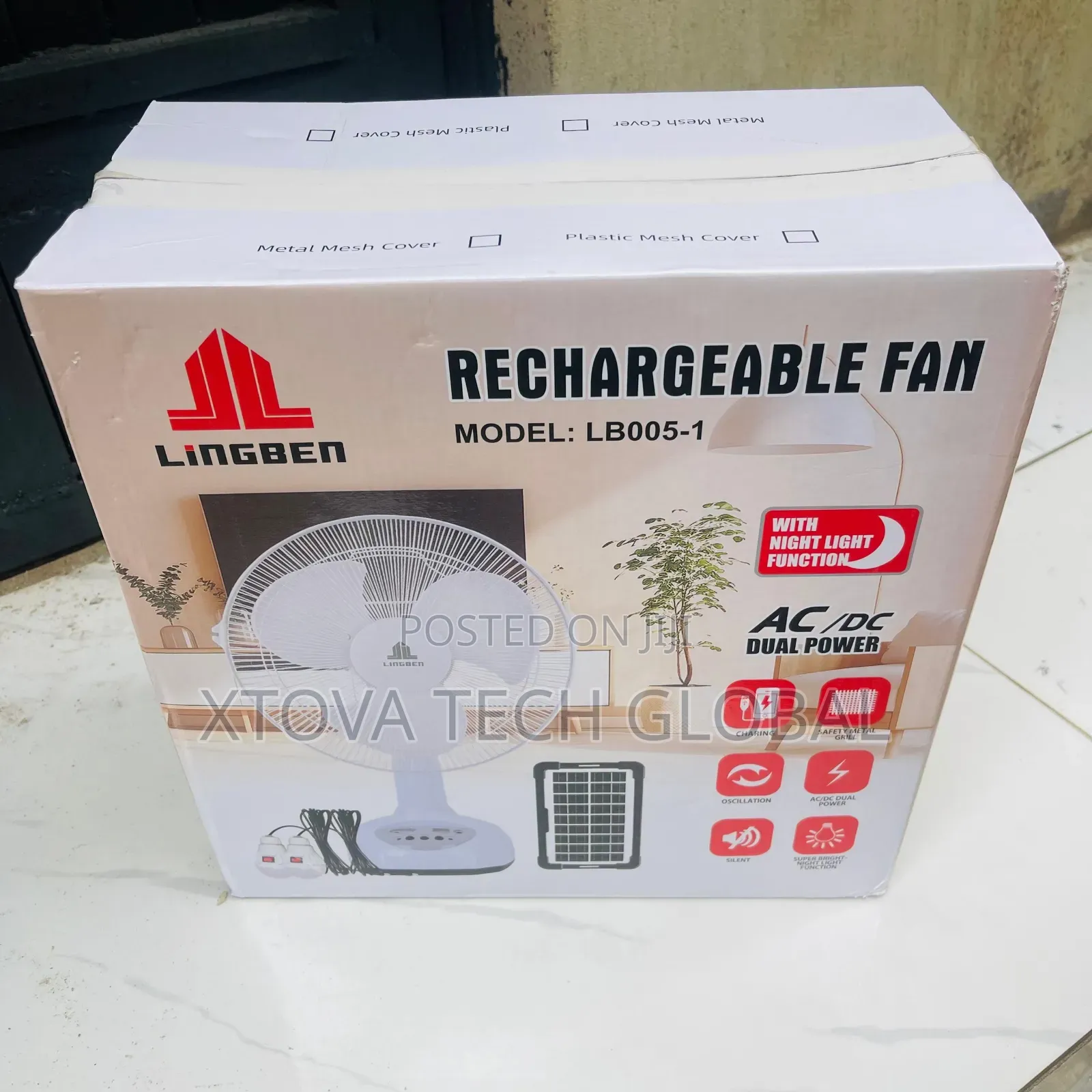 Lingben 12” Rechargeable AC/DC Table Fan With Night Light