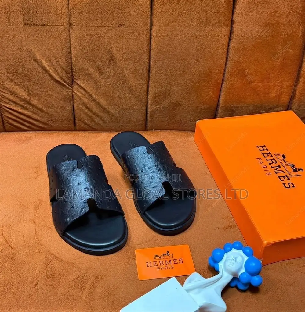 Hermès Ostrich-Embossed "H" Slide Sandals in Black