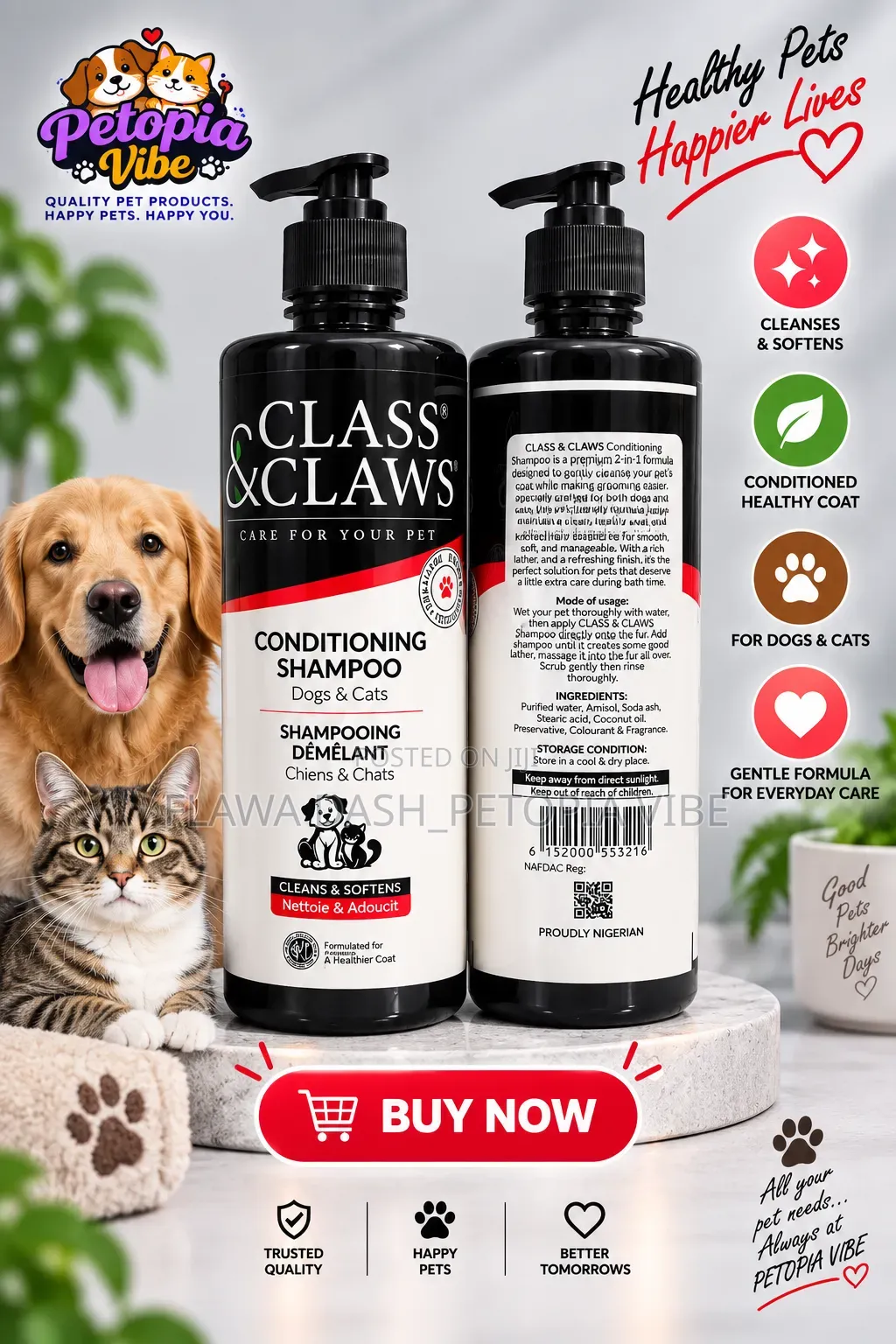 CLASS CLAWS Conditioning Shampoo for Dogs Cats – 500ml