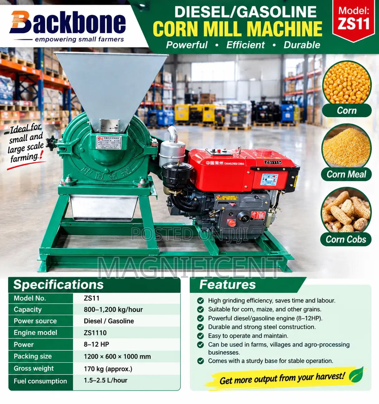 Diesel Corn Mill Machine – 8–12HP, 800–1,200 Kg/Hour