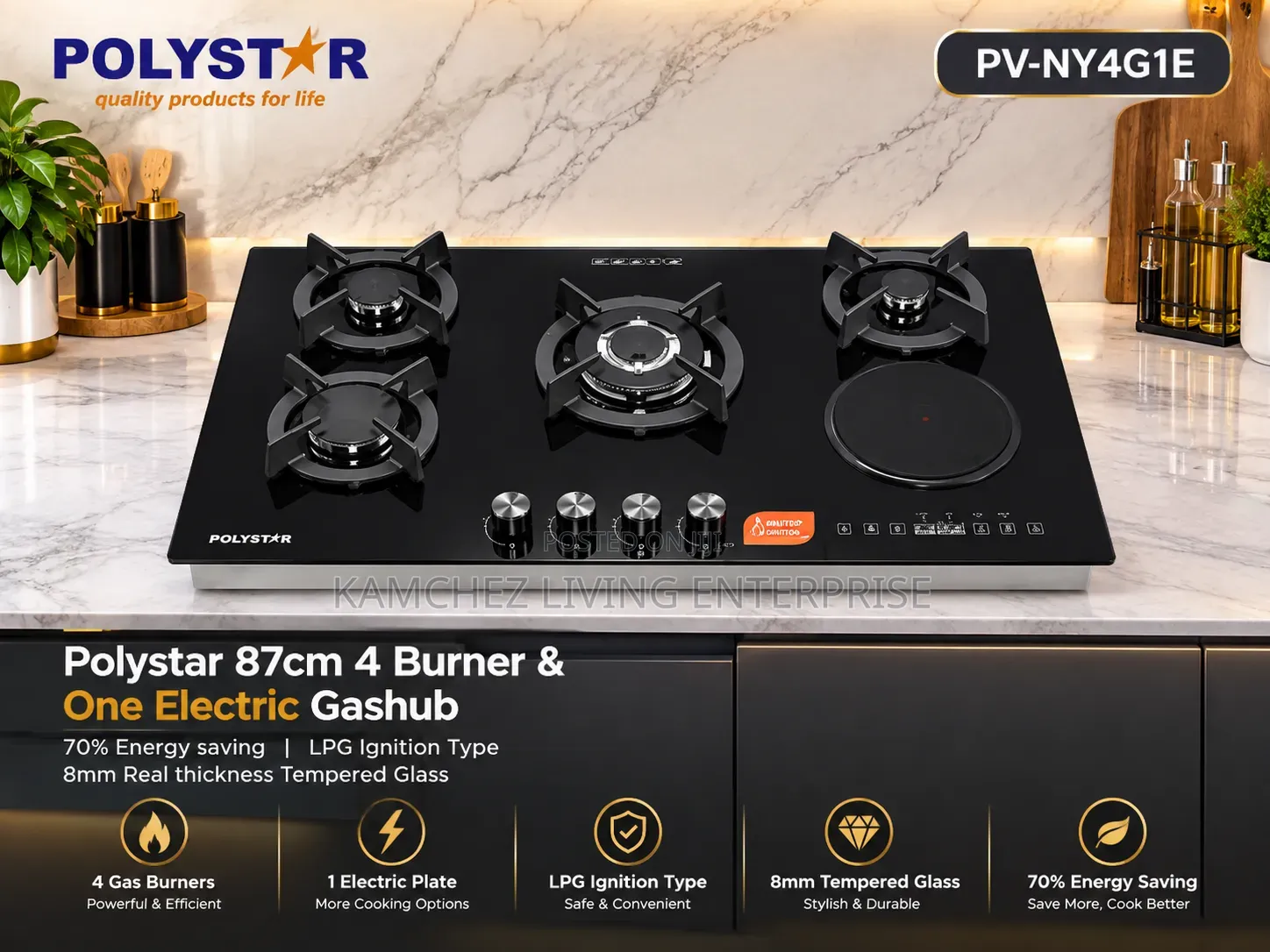 Quality Polystar 87cm 4 Gas Burner+1 Electric Cooker/Hob-LPG Ignition