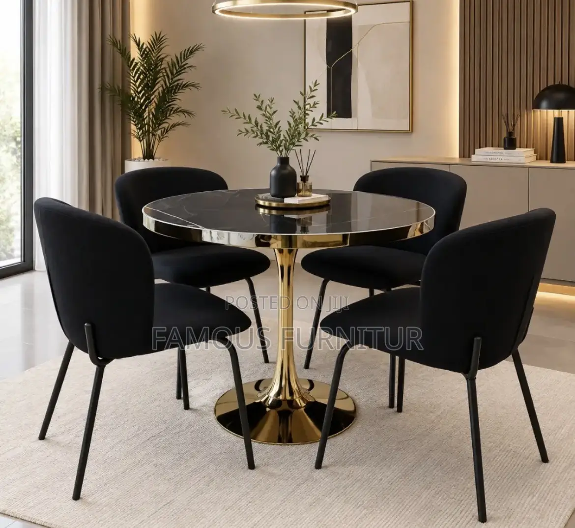 Modern 4 _Piece Round Dining Set Featuring a Black Faux-Marble Top