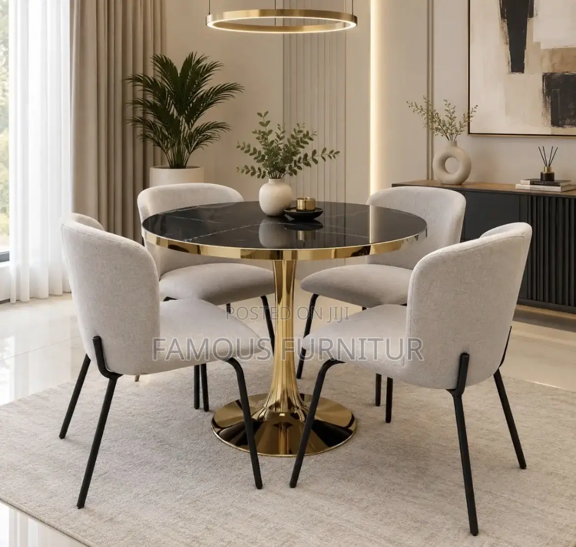 Modern 4 _Piece Round Dining Set Featuring a Black Faux-Marble Top