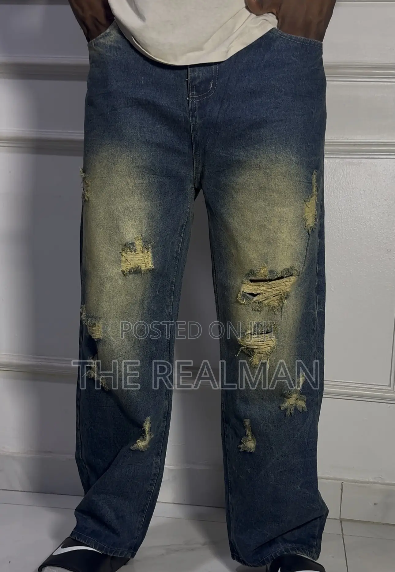Men's Vintage Sun-Faded Yellow Tinted / Biker Style Baggy Denim Jeans