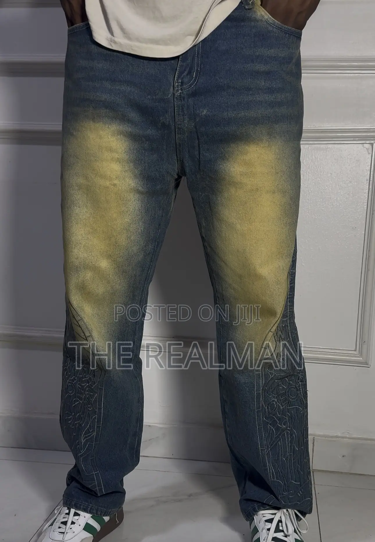 Men's Vintage Sun-Faded Yellow Tinted / Biker Style Baggy Denim Jeans
