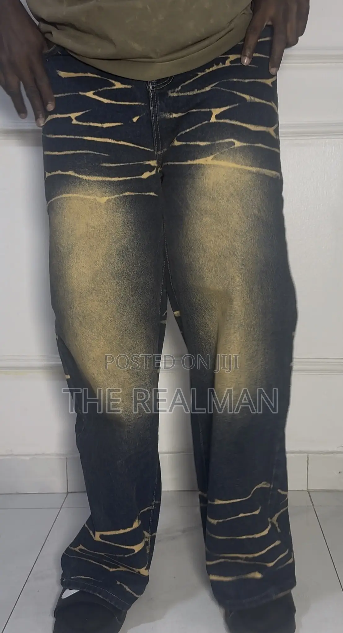 Men Custom Vintage Pattern Wave Dye Graphic Black Baggy Denim Jeans
