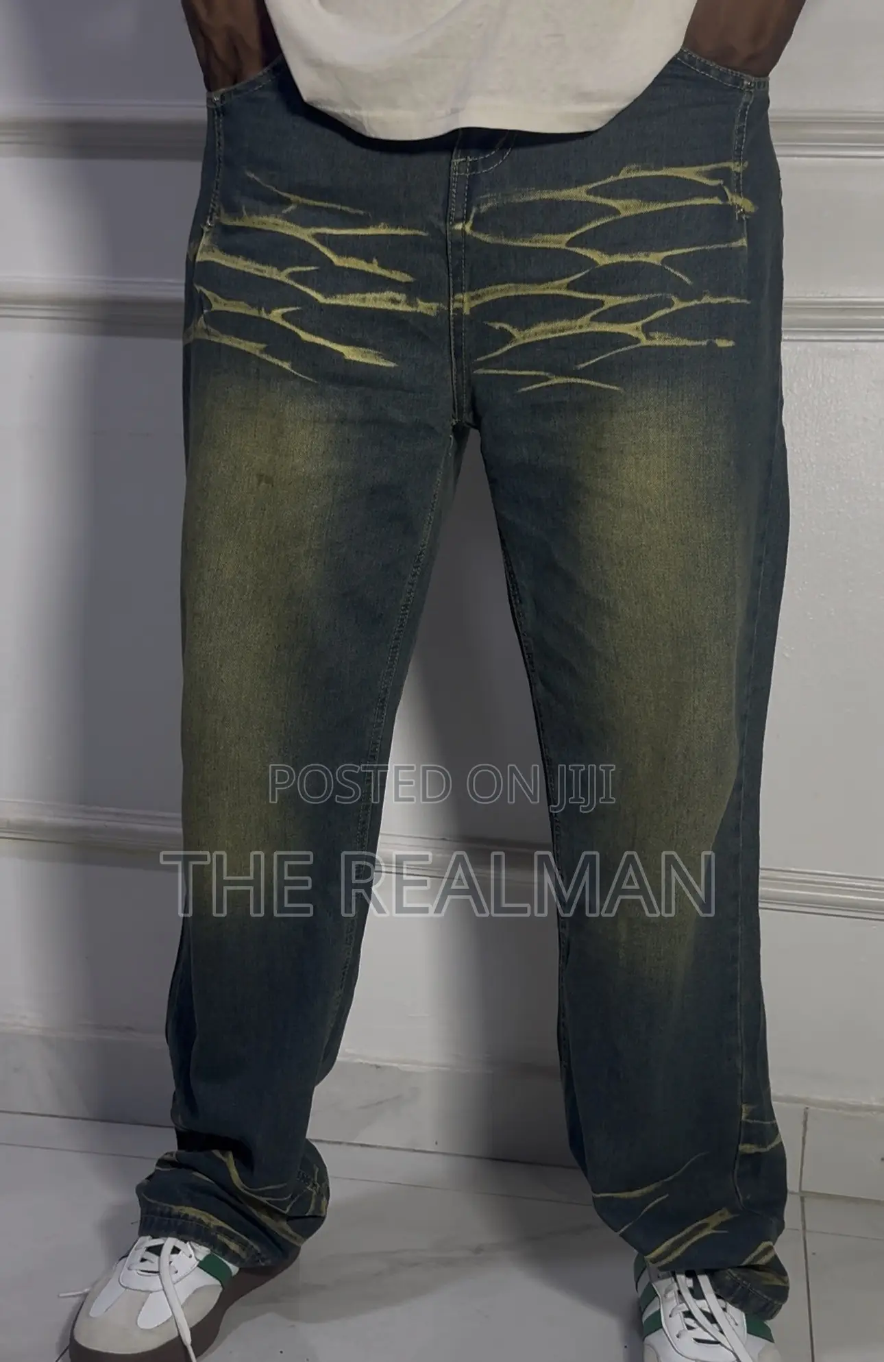Men Custom Vintage Pattern Wave Dye Graphic Black Baggy Denim Jeans