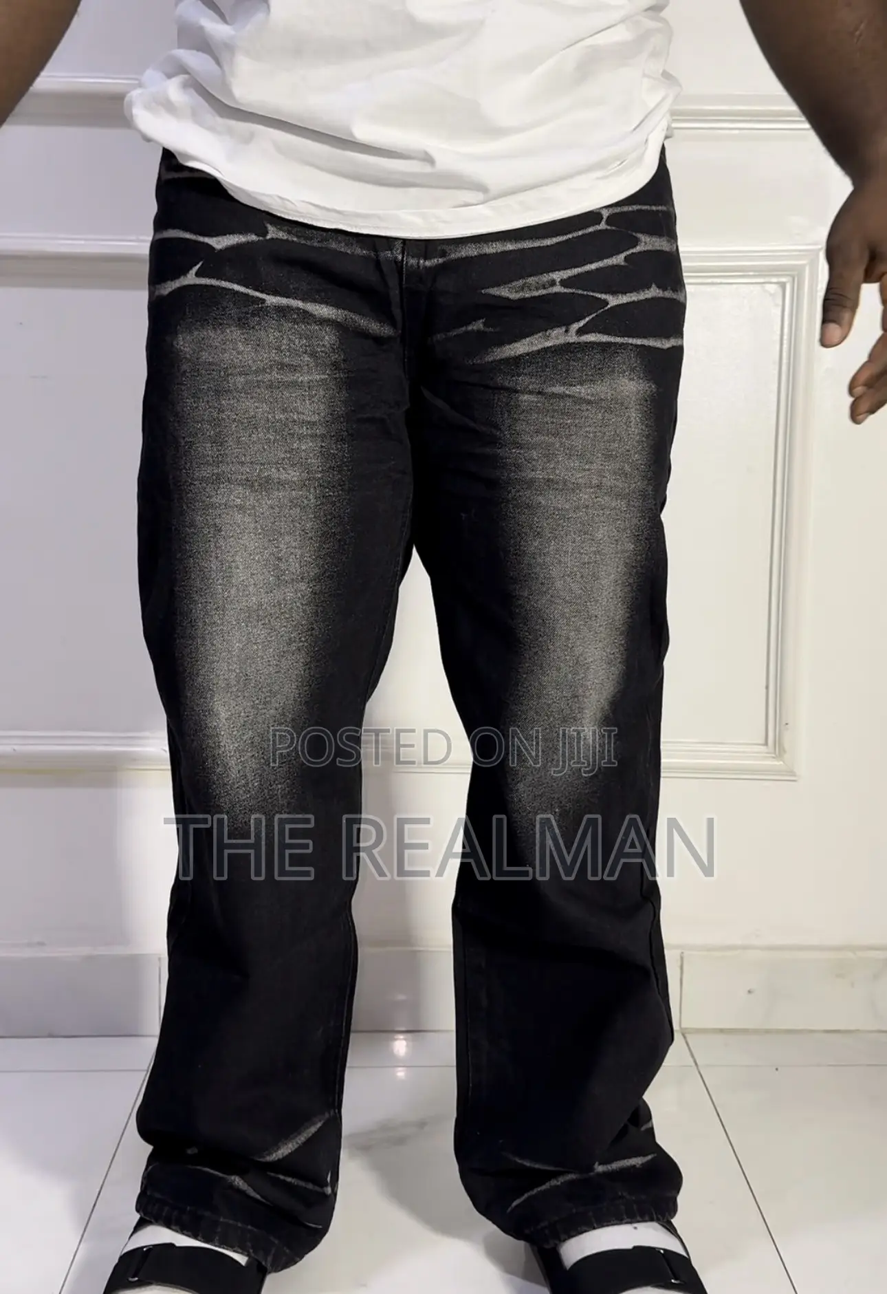 Men Custom Vintage Pattern Wave Dye Graphic Black Baggy Denim Jeans