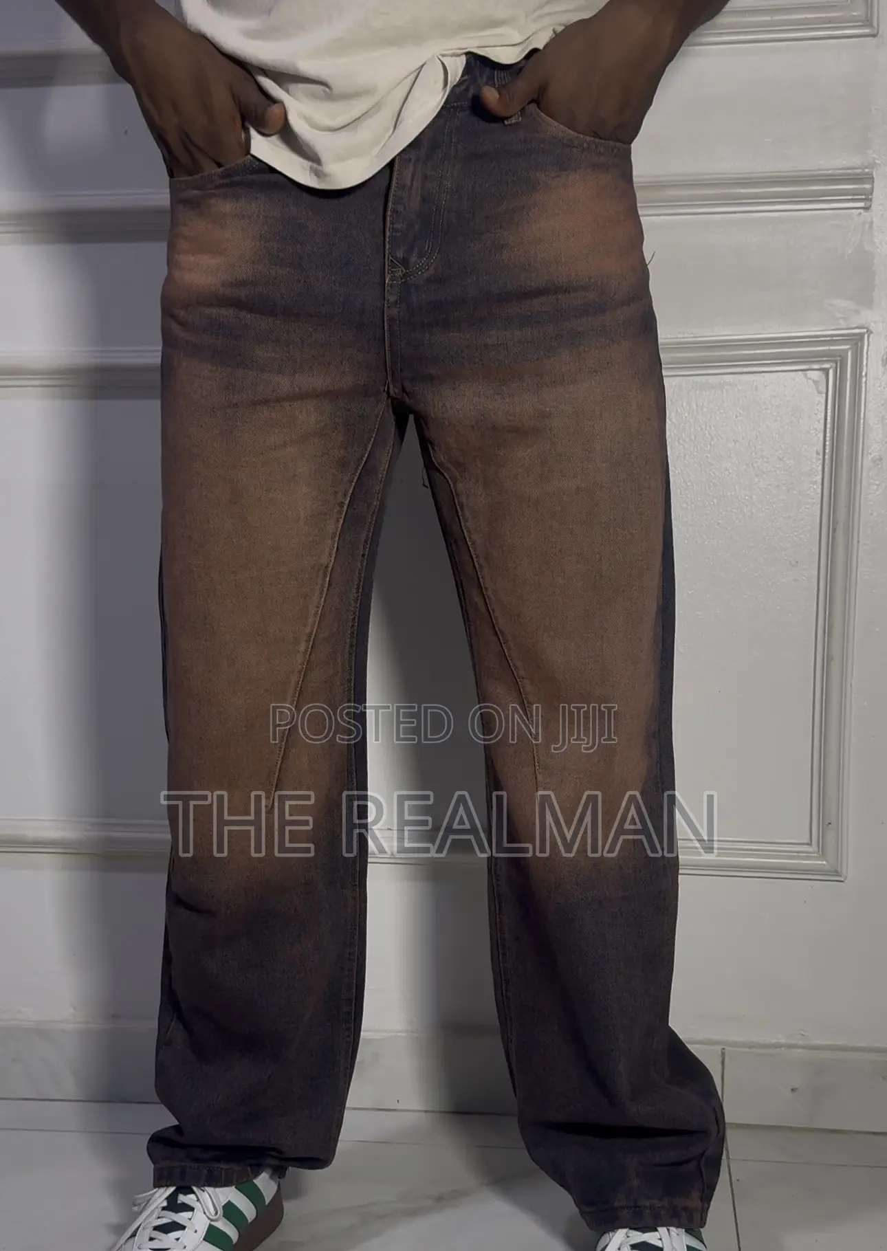 Original Men's Bronze Brown Distressed Seam-Paneled Baggy Denim Jeans