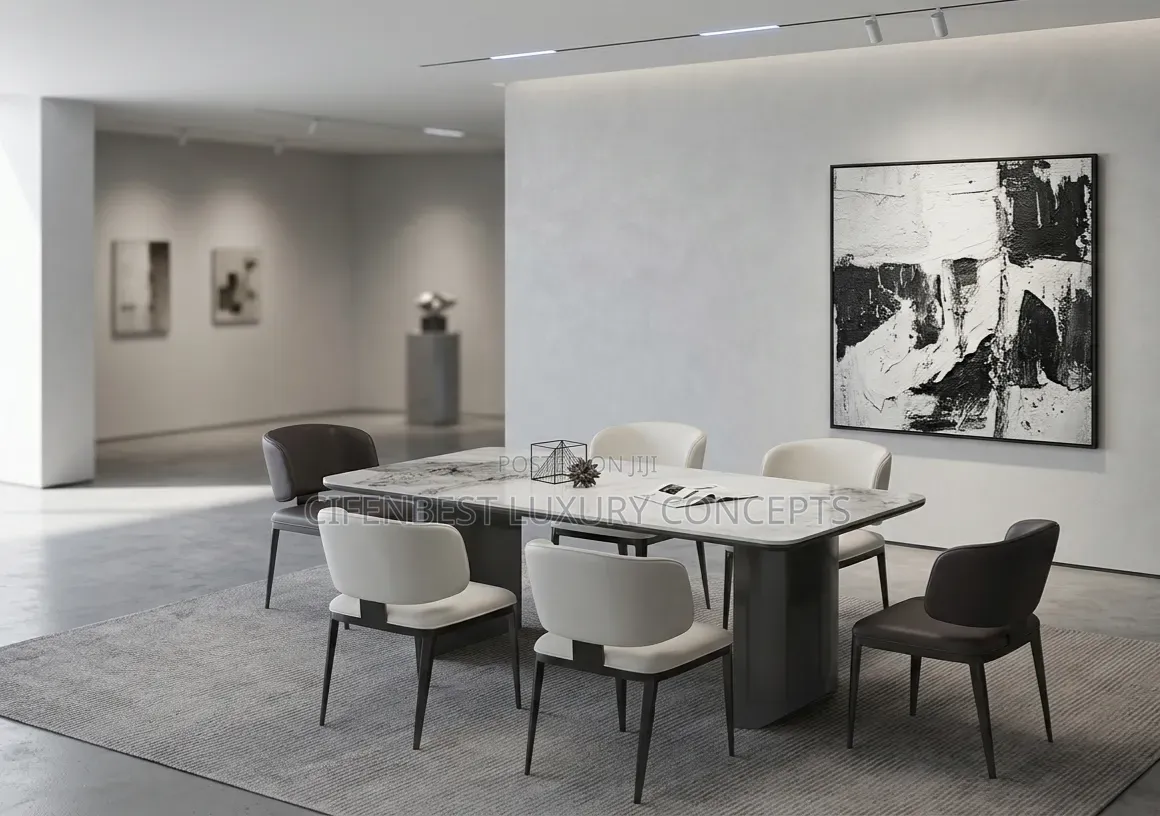 Luxury Dinning Table Set on Marble Top and Six Leather Chairs