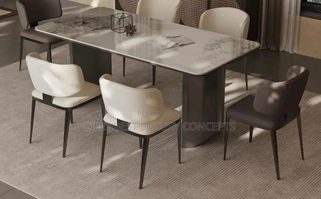 Luxury Dinning Table Set on Marble Top and Six Leather Chairs