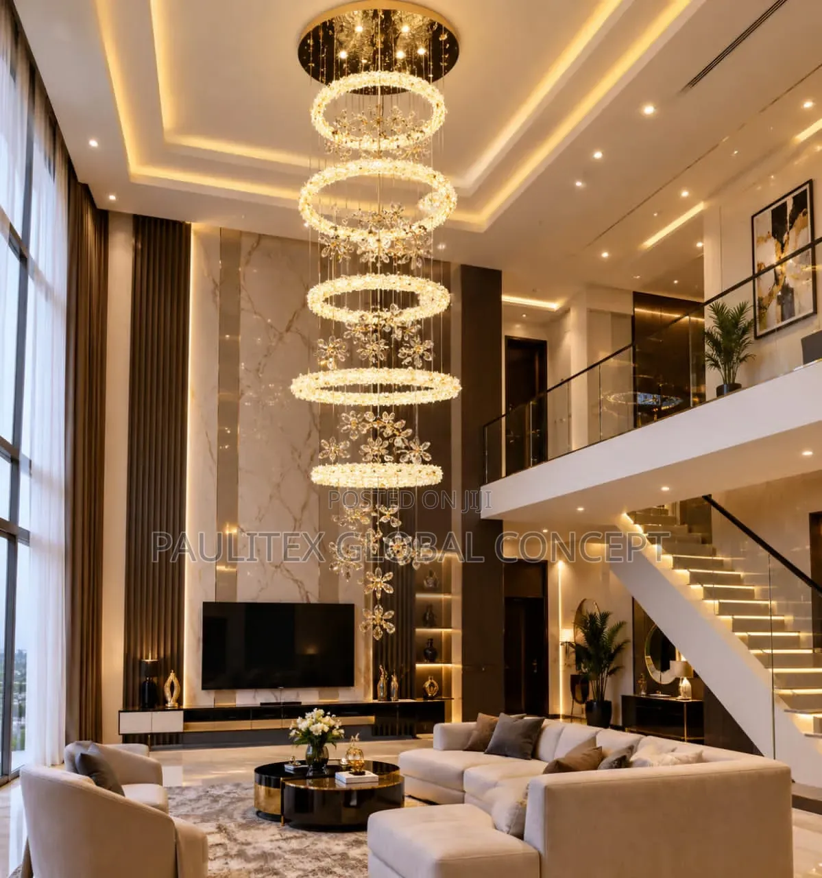 Multi-Tiered Crystal Ring and Floral Pendant Chandelier
