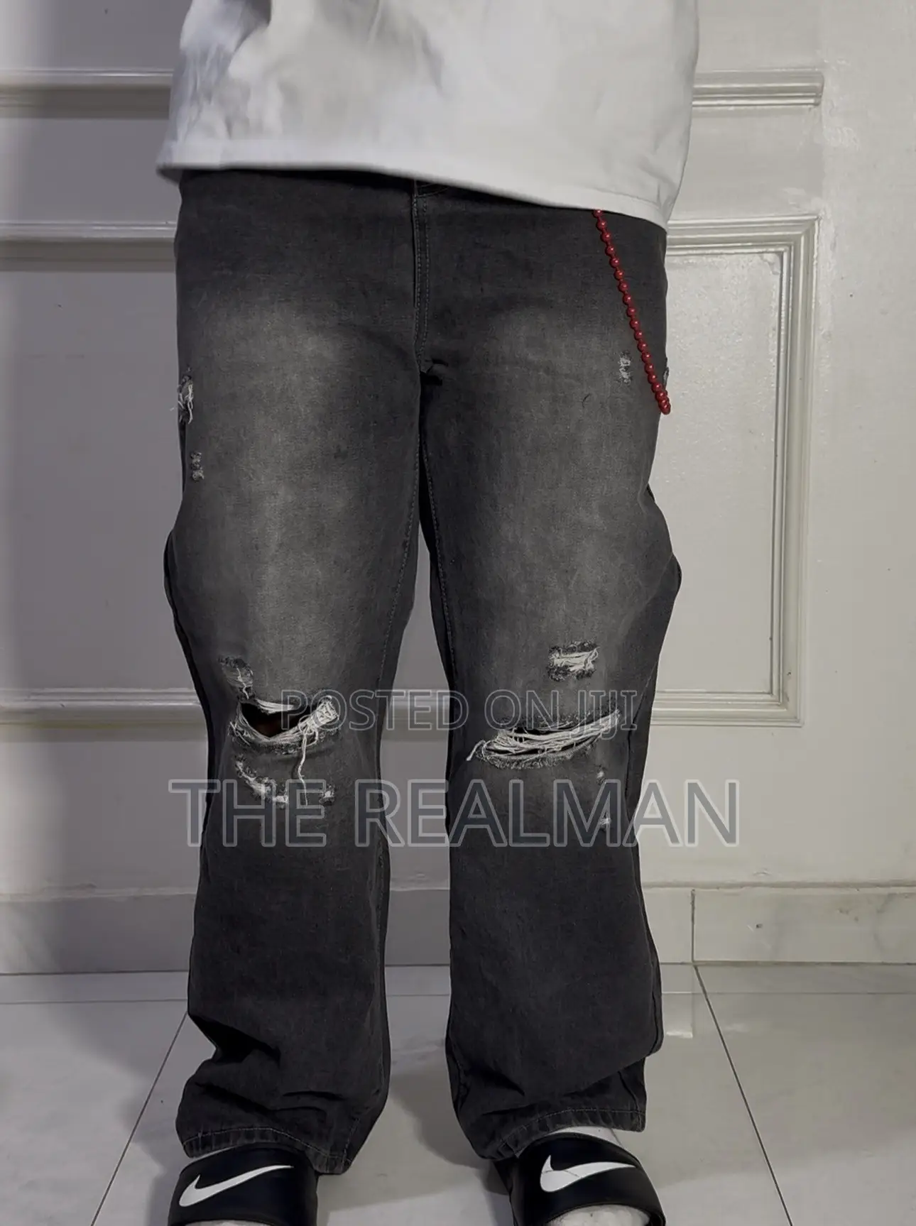 Men's Plain Washed Black Straight Cut Baggy Denim Jeans