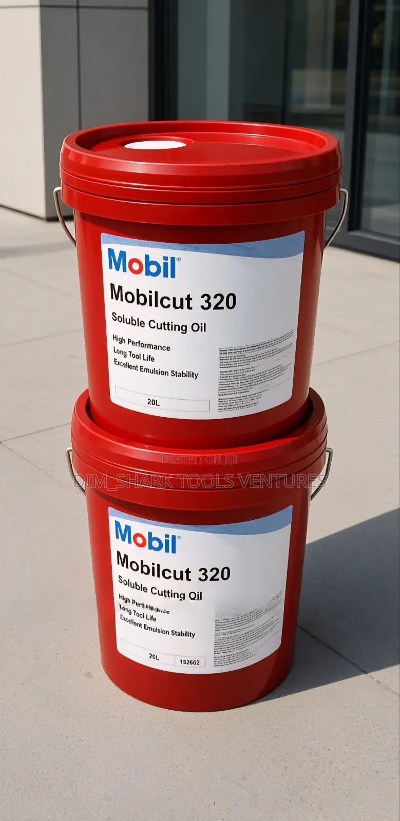 20-Liter Red Pails of Mobil Mobilcut 320 Soluble Cutting Oil.