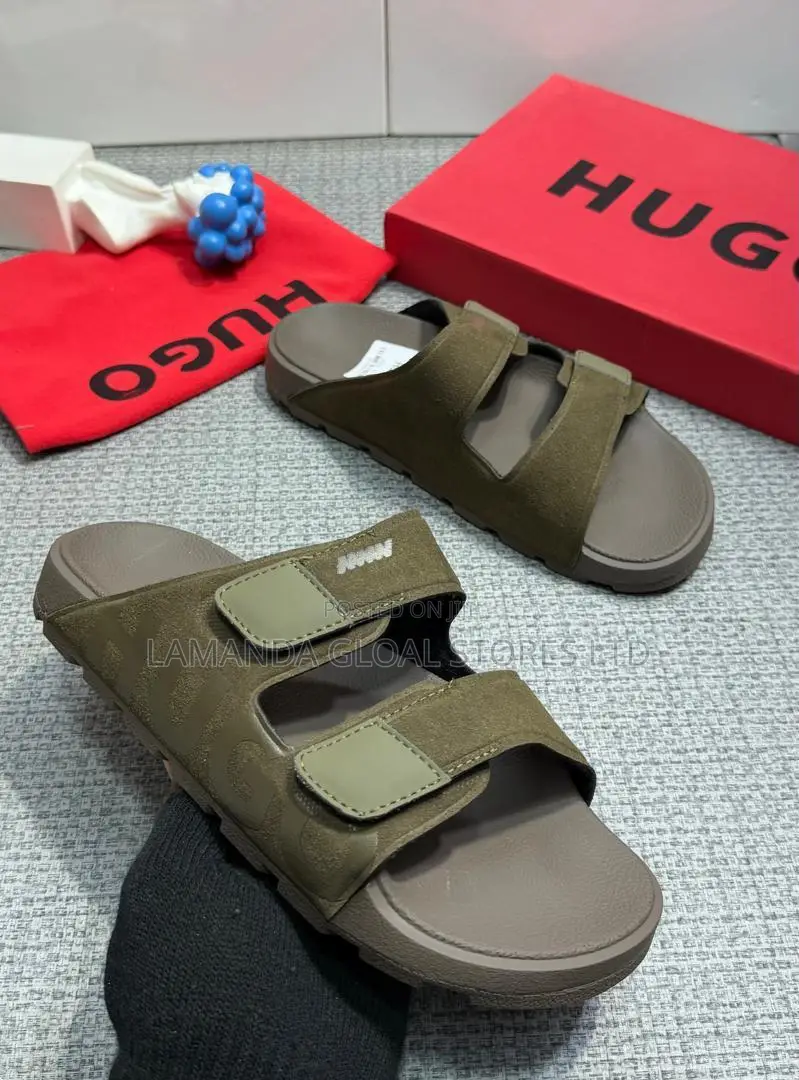 HUGO Double-Strap Suede Slide Sandals in Olive