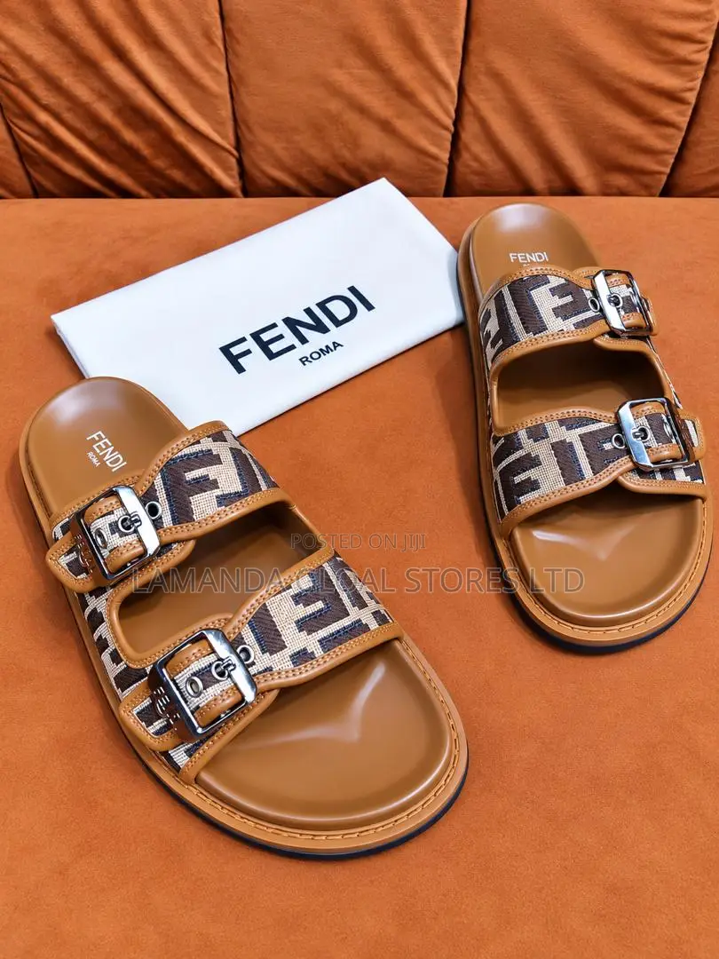 Fendi FF Brown Leather Double-Buckle Sandals