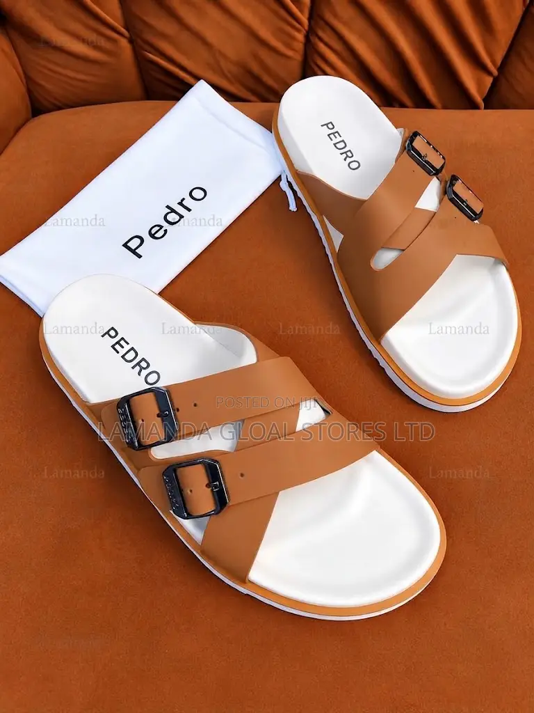 Pedro Dual-Strap Buckle Sandals in Tan and White