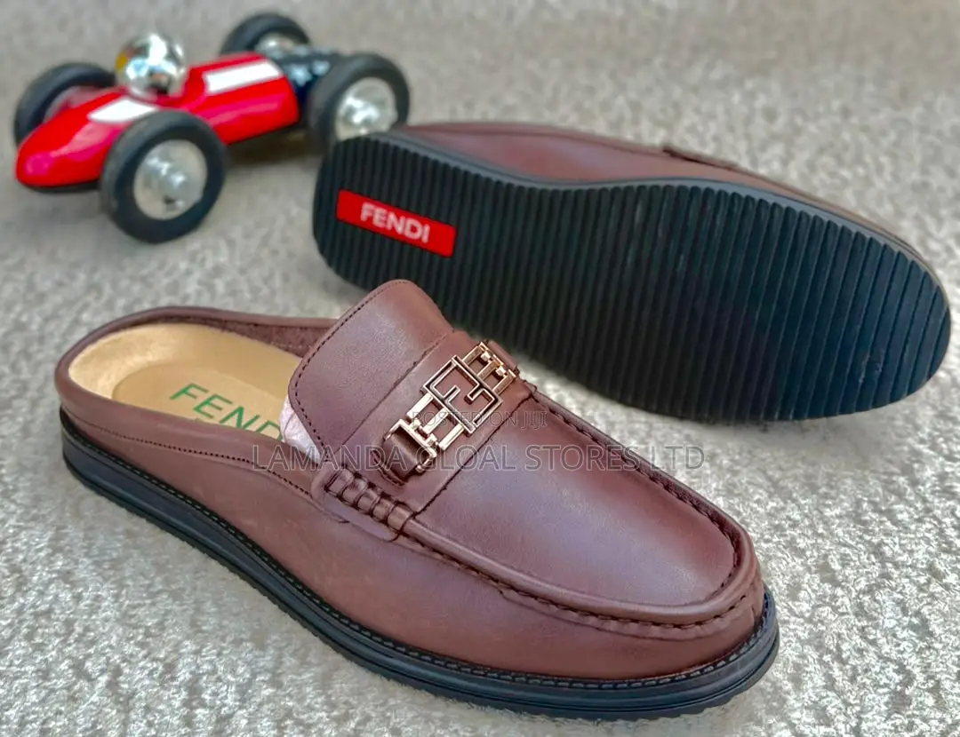 Fendi Brown Leather Monogram Buckle Slip-on Mules