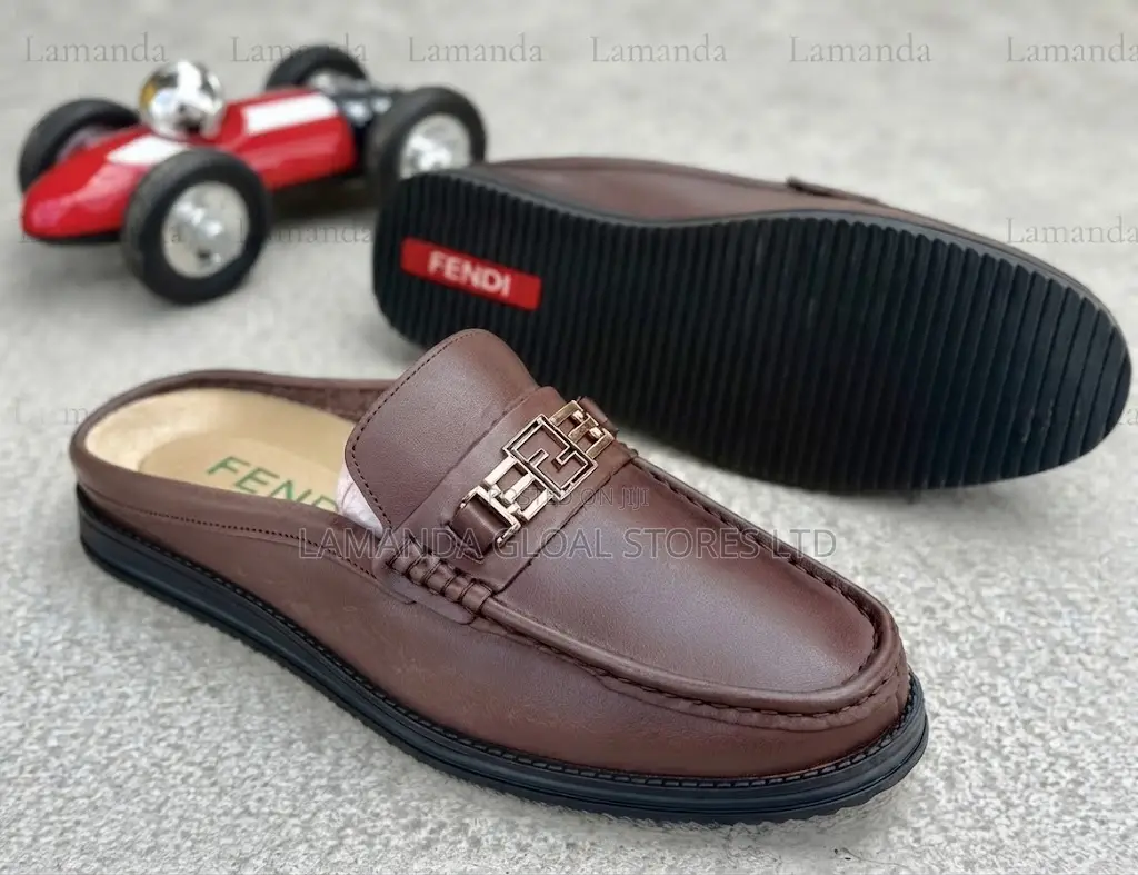 Fendi Brown Leather Monogram Buckle Slip-on Mules