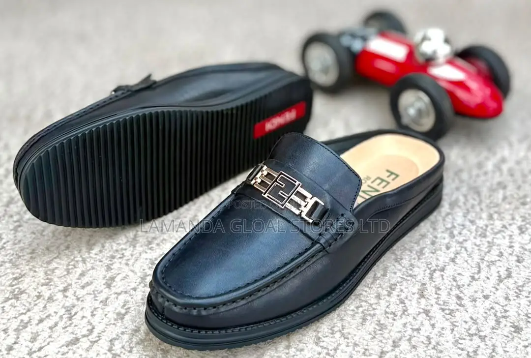 Fendi Black Leather Monogram Buckle Slip-on Mules