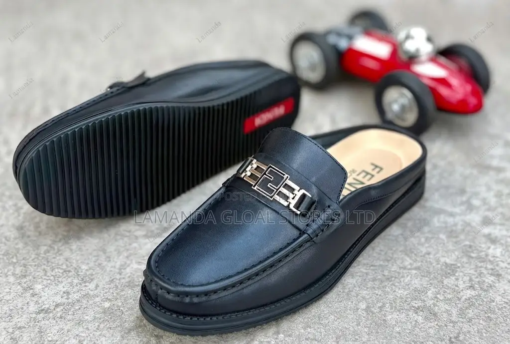 Fendi Black Leather Monogram Buckle Slip-on Mules