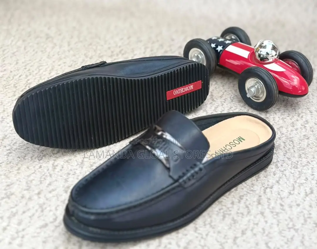 Moschino Black Leather Logo Hardware Slip-on Mules