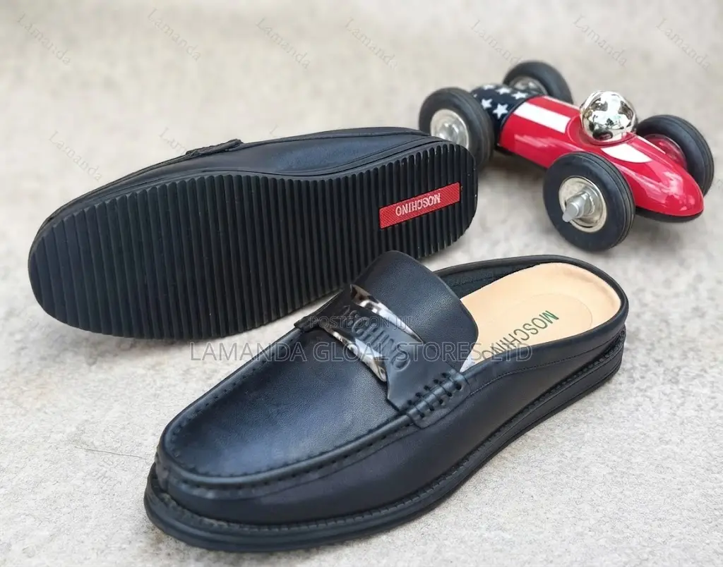 Moschino Black Leather Logo Hardware Slip-on Mules