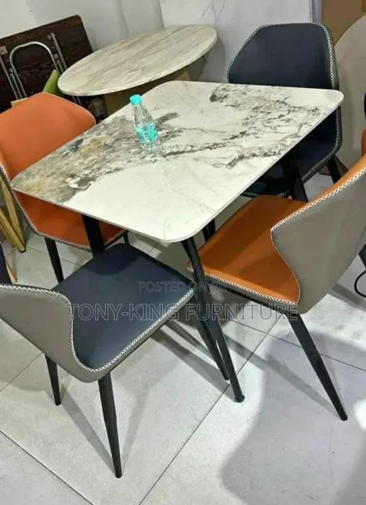 Modern 4-Seater Marble Top Dining Table Set With Padded Leather Chair