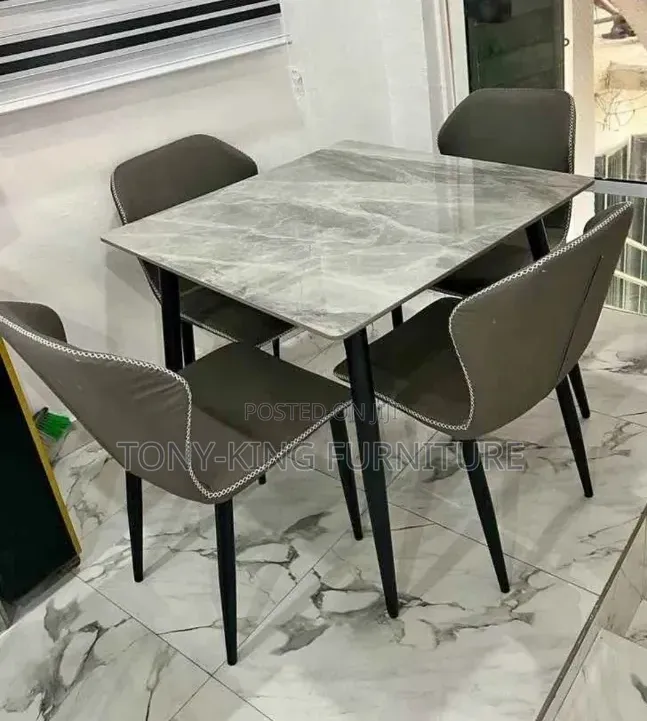 Modern 4-Seater Marble Top Dining Table Set With Padded Leather Chair
