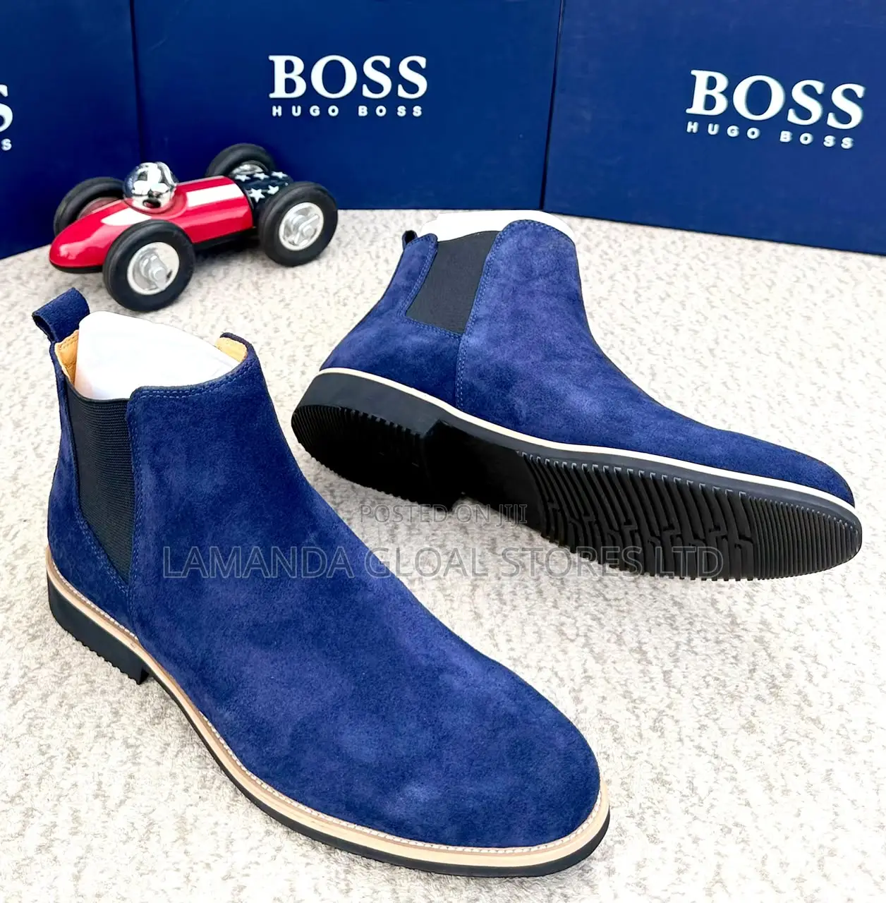 BOSS Navy Blue Suede Chelsea Boots